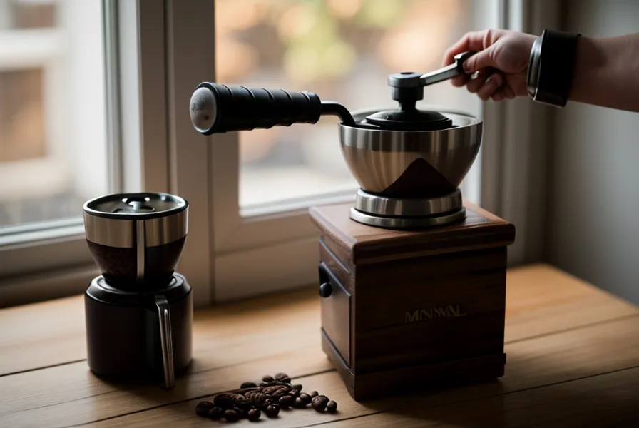 Primer plano de manos moliendo café manualmente en una cocina soleada de Sevilla.