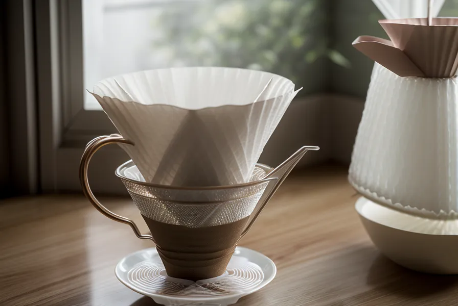 Agua caliente mojando el filtro de papel de una cafetera V60 de cerámica blanca.