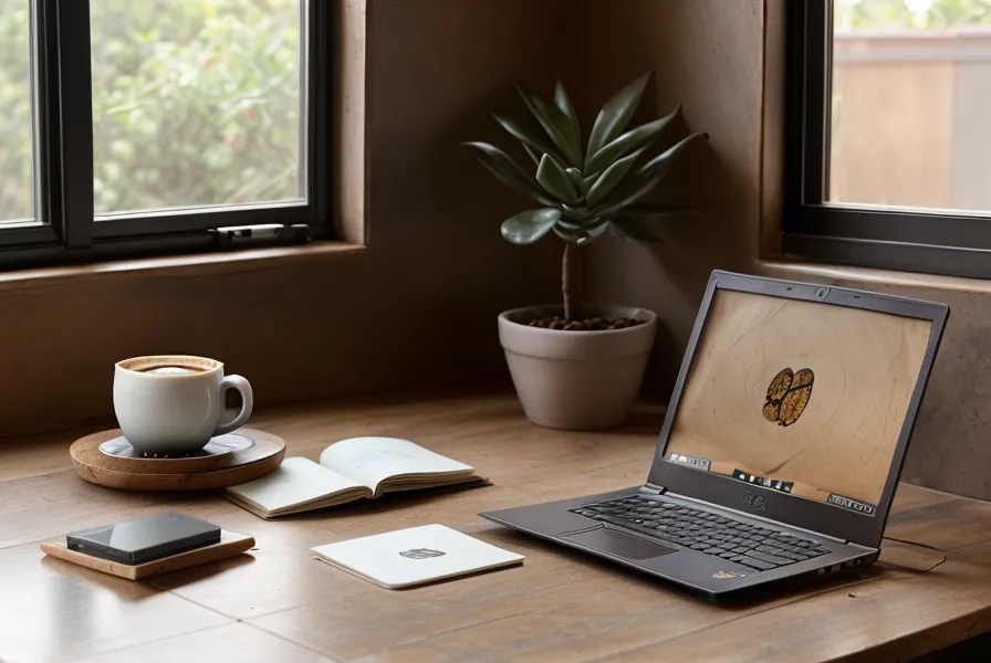 Un ordenador portátil mostrando un curso de café junto a una taza de cerámica.