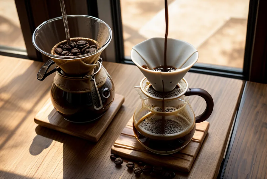 Café recién filtrado en una jarra de cristal con reflejos dorados bajo la luz del sol.