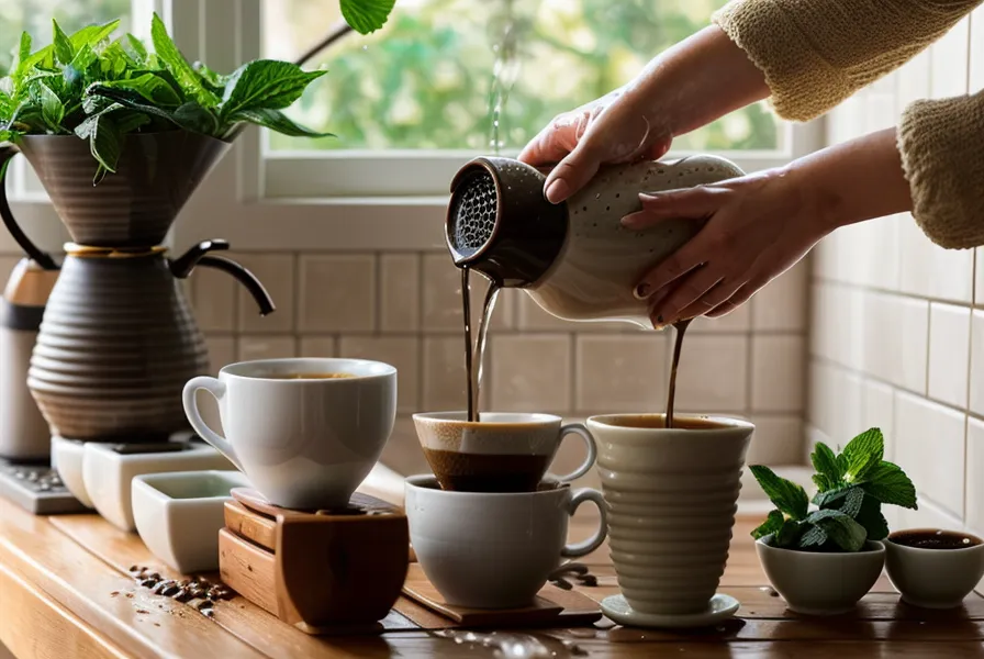 Café de origen colombiano recién filtrado en una jarra de cristal con luz de domingo