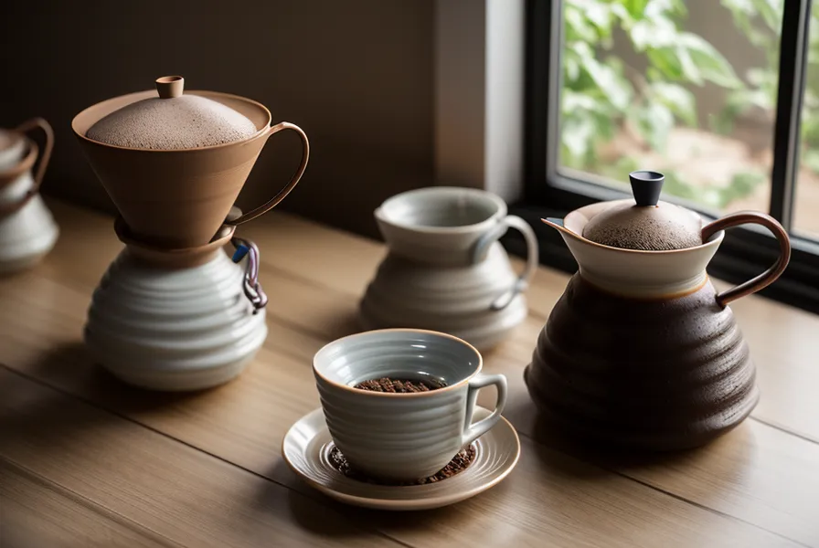 Primer plano de una cafetera V60 con café recién humedecido soltando vapor.