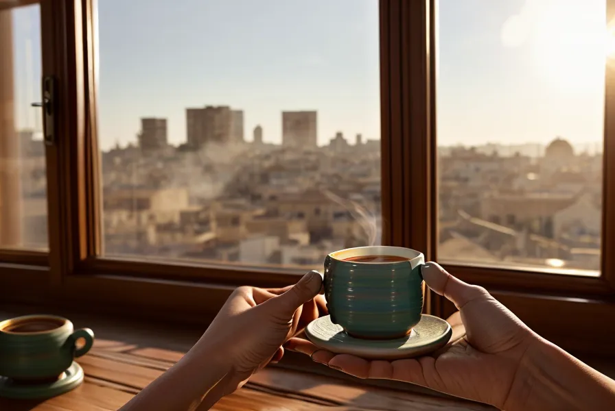 Mano sosteniendo una taza de café frente a una ventana soleada en Sevilla