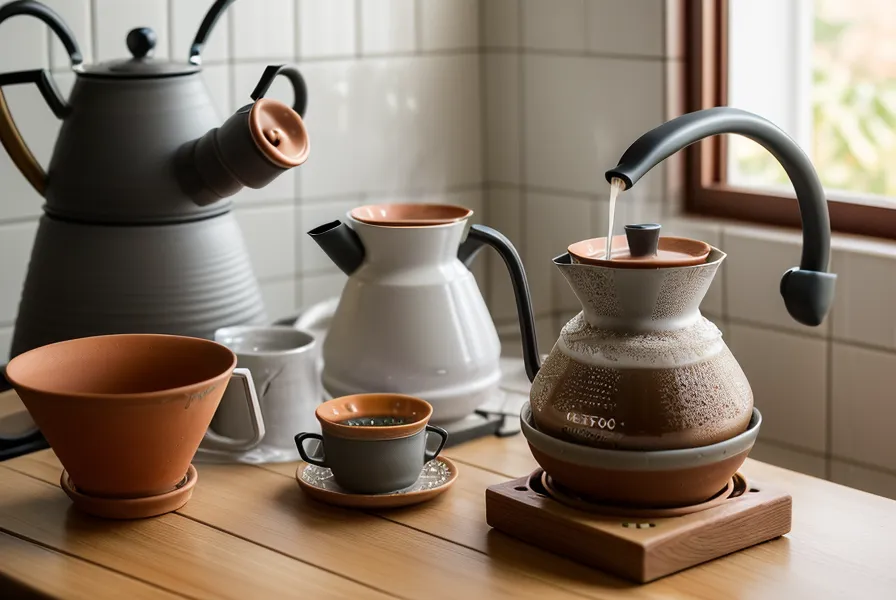 Vertido de agua con tetera de cuello de cisne sobre filtro V60, café de Kenia en preparación